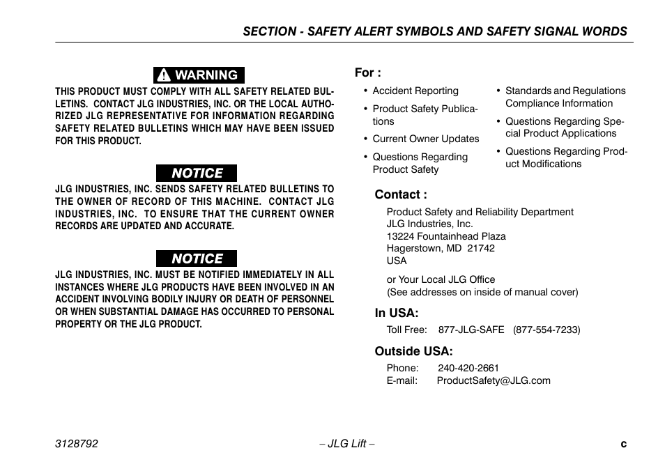 Contact, In usa, Outside usa | JLG X390AJ Operator Manual User Manual | Page 5 / 138