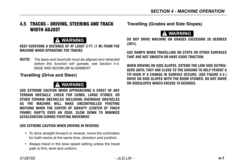 Travelling (drive and steer), Travelling (grades and side slopes), 5 tracks - driving, steering and | Track width adjust -7 | JLG X390AJ Operator Manual User Manual | Page 51 / 138