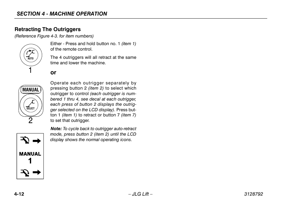 Retracting the outriggers -12 | JLG X390AJ Operator Manual User Manual | Page 56 / 138