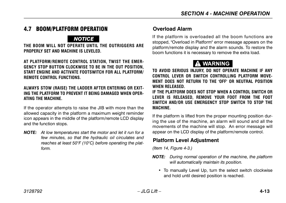 7 boom/platform operation, Overload alarm, Platform level adjustment | 7 boom/platform operation -13, Overload alarm -13 platform level adjustment -13 | JLG X390AJ Operator Manual User Manual | Page 57 / 138