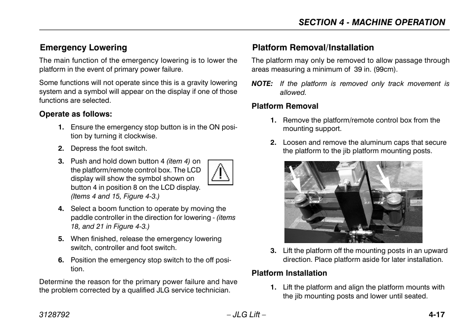 Emergency lowering, Platform removal/installation | JLG X390AJ Operator Manual User Manual | Page 61 / 138