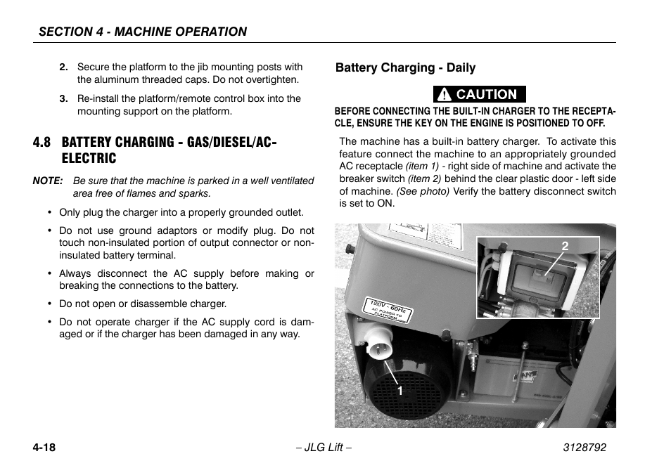 8 battery charging - gas/diesel/ac- electric, Battery charging - daily, 8 battery charging | Gas/diesel/ac-electric -18, Battery charging - daily -18 | JLG X390AJ Operator Manual User Manual | Page 62 / 138