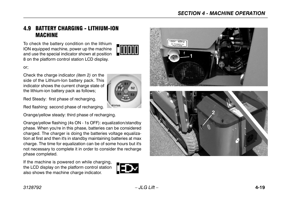 9 battery charging - lithium-ion machine, 9 battery charging - lithium-ion machine .4-19 | JLG X390AJ Operator Manual User Manual | Page 63 / 138