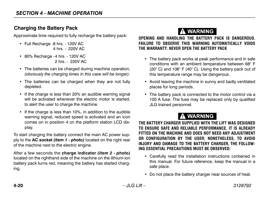 Charging the battery pack, Charging the battery pack -20 | JLG X390AJ Operator Manual User Manual | Page 64 / 138
