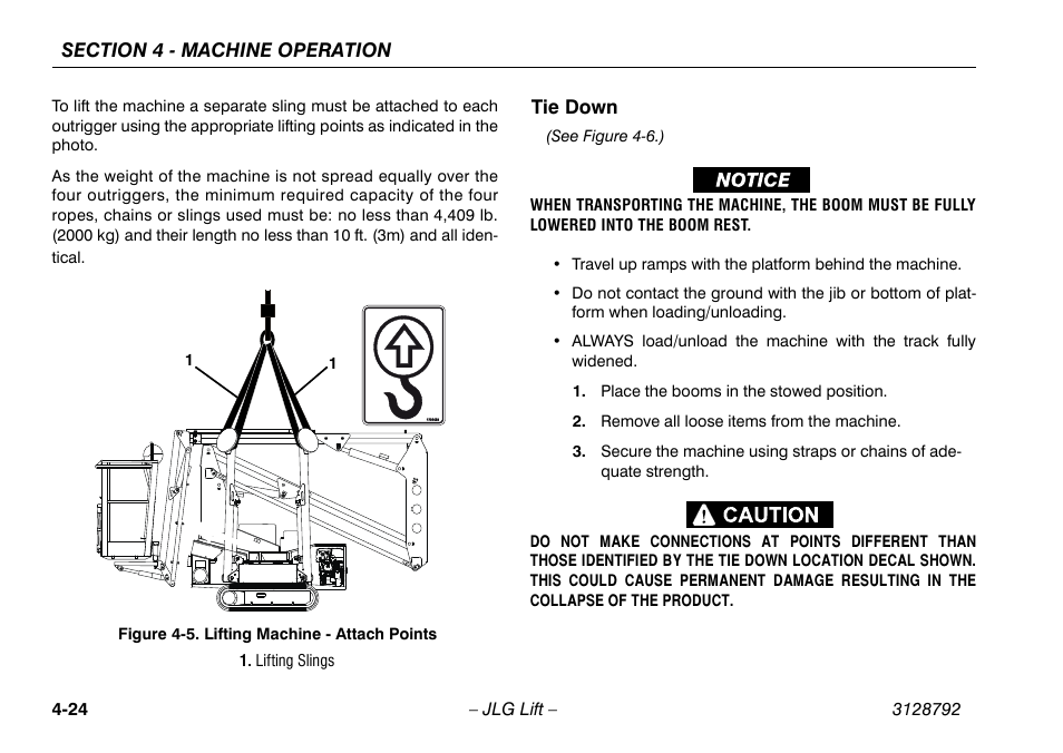 Tie down, Tie down -24, Lifting machine - attach points -24 | JLG X390AJ Operator Manual User Manual | Page 68 / 138