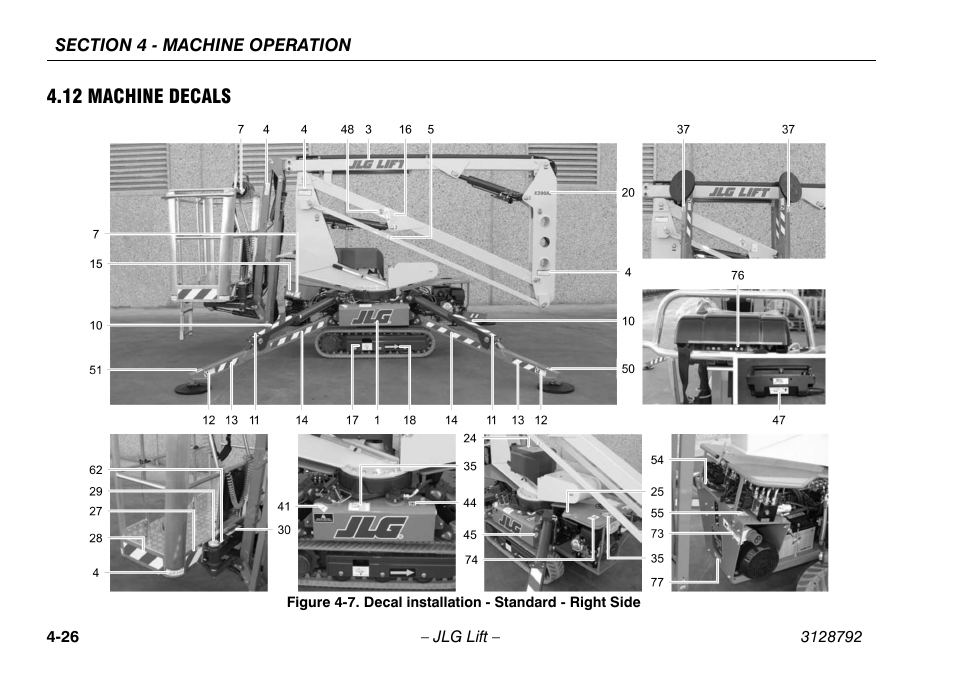 12 machine decals, 12 machine decals -26, Decal installation - standard - right side -26 | JLG X390AJ Operator Manual User Manual | Page 70 / 138