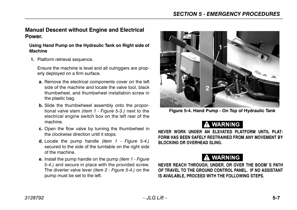Manual descent without engine and electrical power, Hand pump - on top of hydraulic tank -7 | JLG X390AJ Operator Manual User Manual | Page 85 / 138
