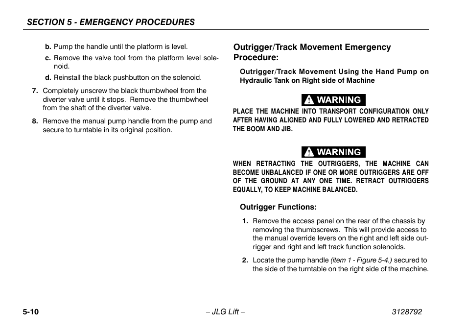Outrigger/track movement emergency procedure, Outrigger/track movement emergency procedure -10 | JLG X390AJ Operator Manual User Manual | Page 88 / 138