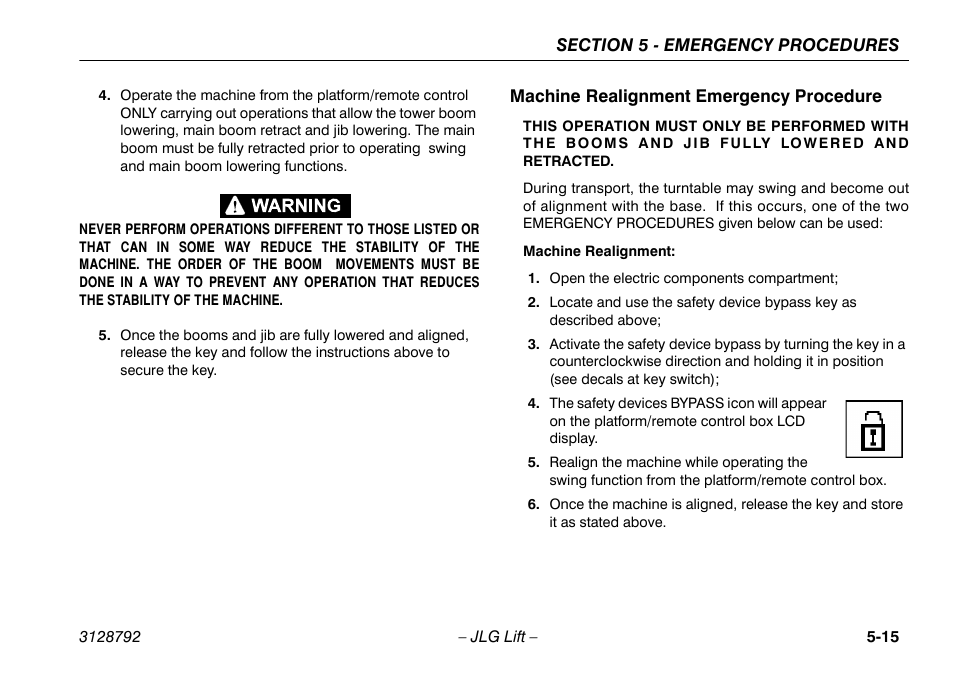 Machine realignment emergency procedure, Machine realignment emergency procedure -15 | JLG X390AJ Operator Manual User Manual | Page 93 / 138