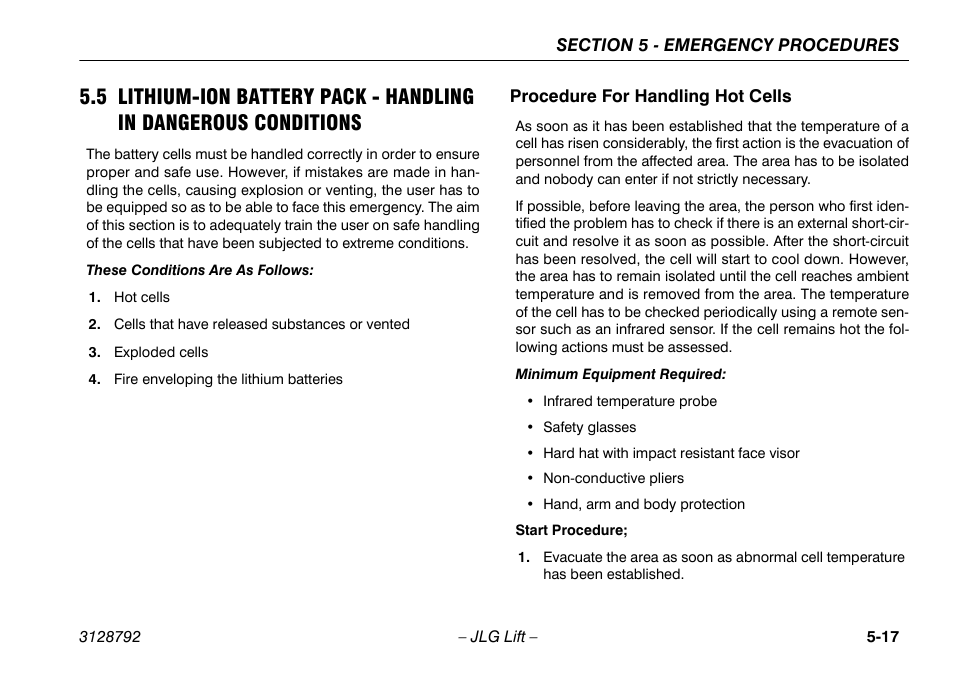 Procedure for handling hot cells, 5 lithium-ion battery pack - handling in, Dangerous conditions -17 | Procedure for handling hot cells -17 | JLG X390AJ Operator Manual User Manual | Page 95 / 138
