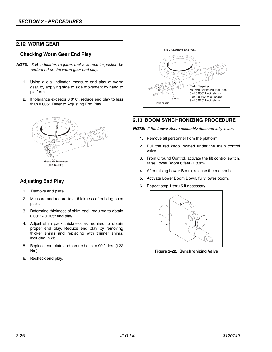 12 worm gear checking worm gear end play, Adjusting end play, 13 boom synchronizing procedure | JLG 450AJ ANSI Service Manual User Manual | Page 44 / 152