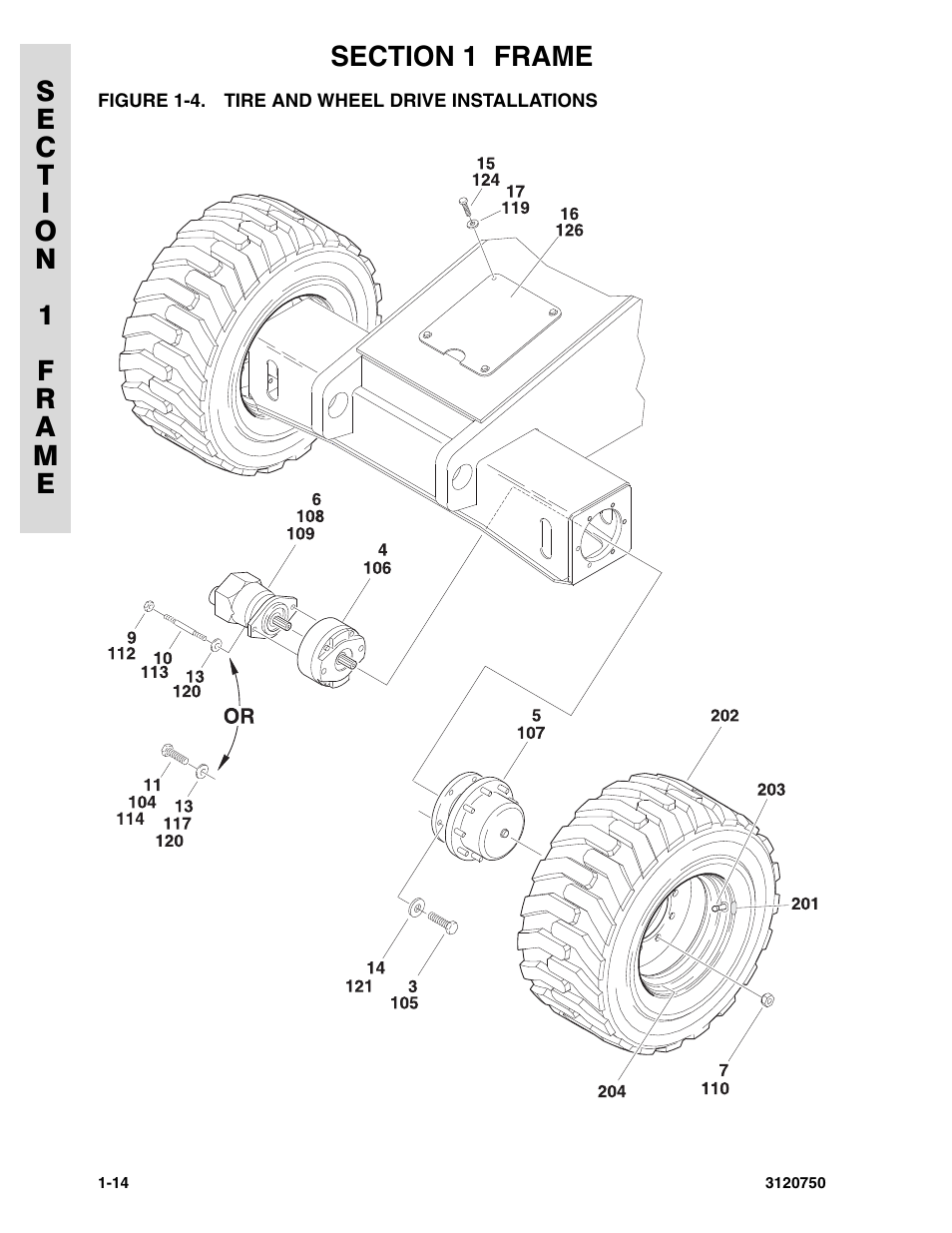 Figure 1-4. tire and wheel drive installations, Tire and wheel drive installations -14 | JLG 450AJ ANSI Parts Manual User Manual | Page 20 / 266