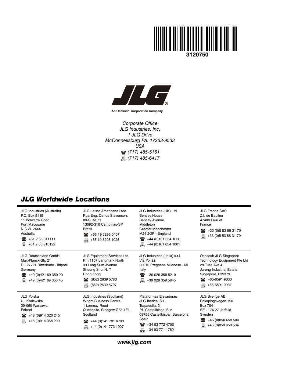 Jlg worldwide locations | JLG 450AJ ANSI Parts Manual User Manual | Page 266 / 266