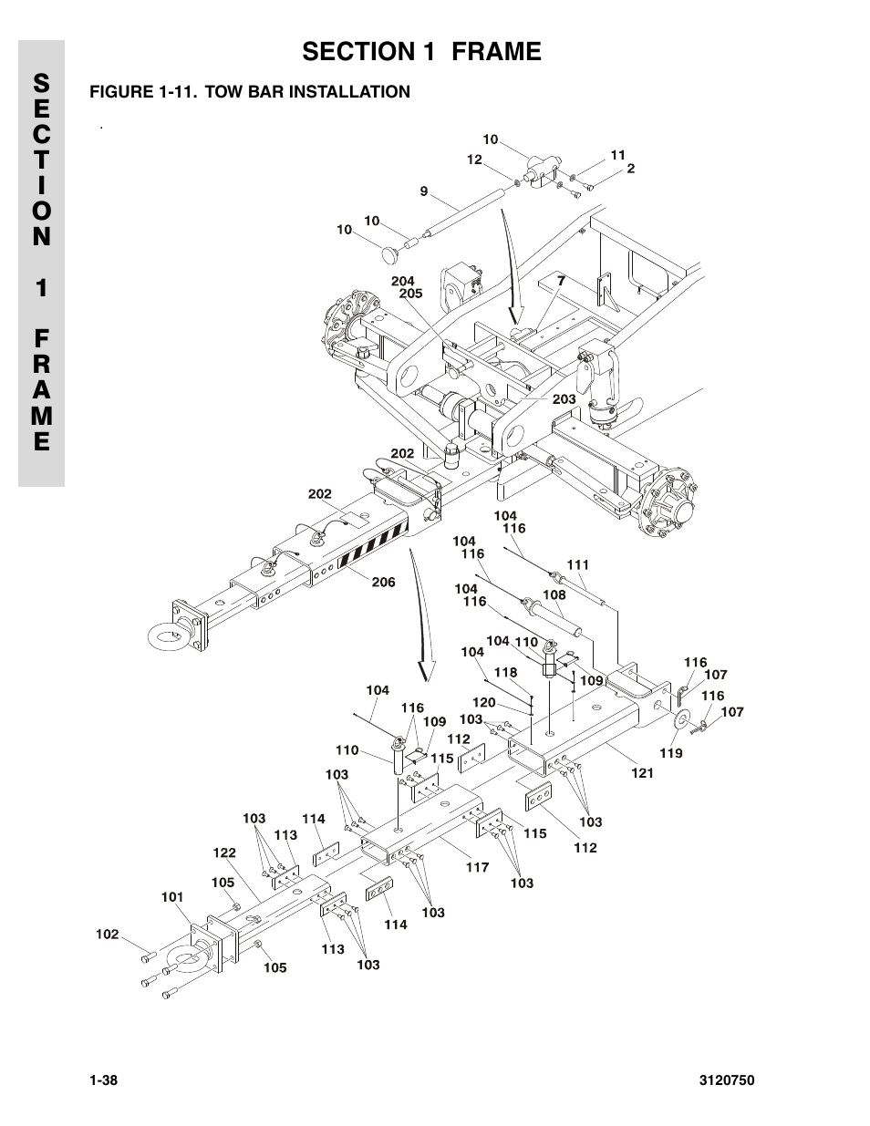 Figure 1-11. tow bar installation, Tow bar installation -38 | JLG 450AJ ANSI Parts Manual User Manual | Page 44 / 266