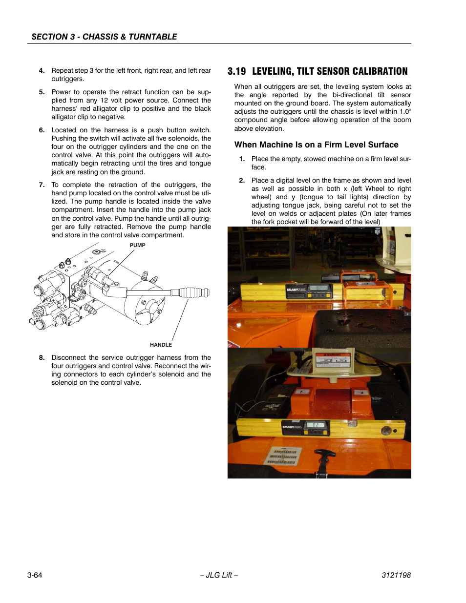 19 leveling, tilt sensor calibration, When machine is on a firm level surface, Leveling, tilt sensor calibration -64 | When machine is on a firm level surface -64 | JLG T350 Service Manual User Manual | Page 100 / 230
