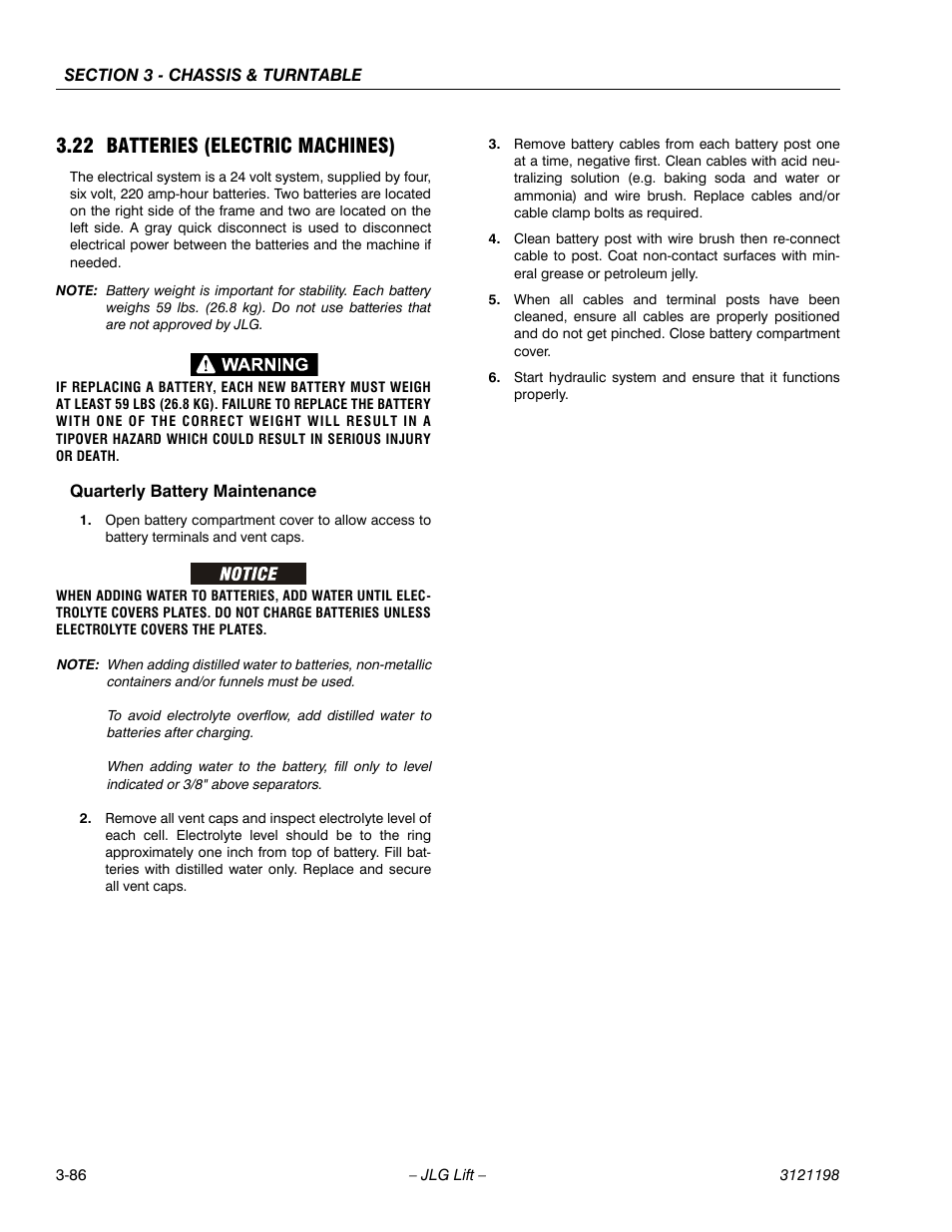 22 batteries (electric machines), Quarterly battery maintenance, Batteries (electric machines) -87 | Quarterly battery maintenance -87 | JLG T350 Service Manual User Manual | Page 122 / 230