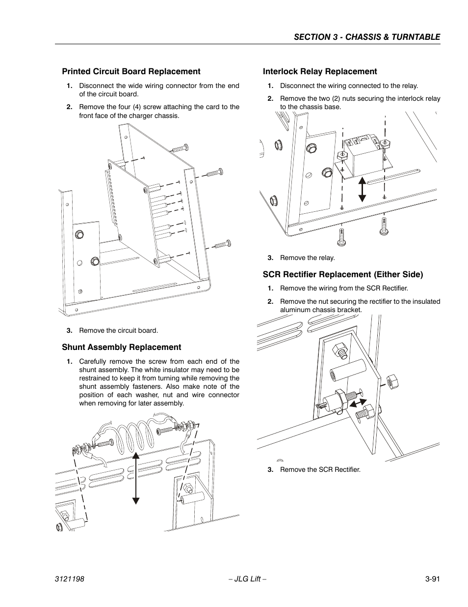 Printed circuit board replacement, Shunt assembly replacement, Interlock relay replacement | Scr rectifier replacement (either side) | JLG T350 Service Manual User Manual | Page 127 / 230