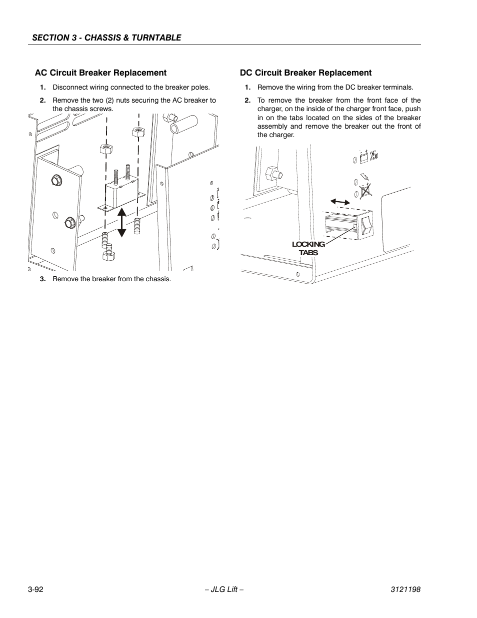 Ac circuit breaker replacement, Dc circuit breaker replacement | JLG T350 Service Manual User Manual | Page 128 / 230