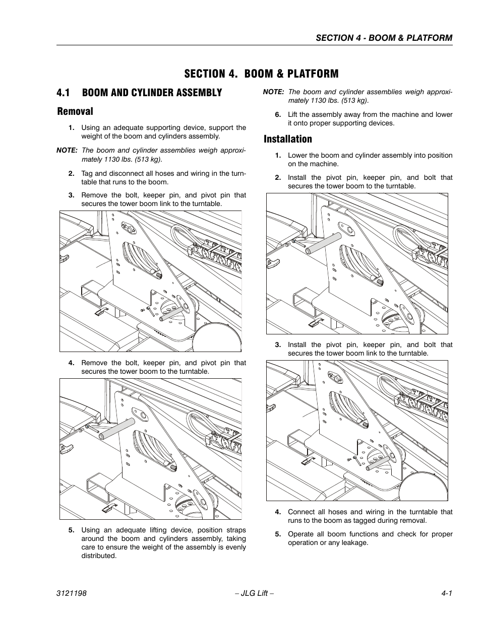 Section 4. boom & platform, 1 boom and cylinder assembly, Removal | Installation, Section 4 - boom & platform, Boom and cylinder assembly -1, Removal -1 installation -1, 1 boom and cylinder assembly removal | JLG T350 Service Manual User Manual | Page 133 / 230