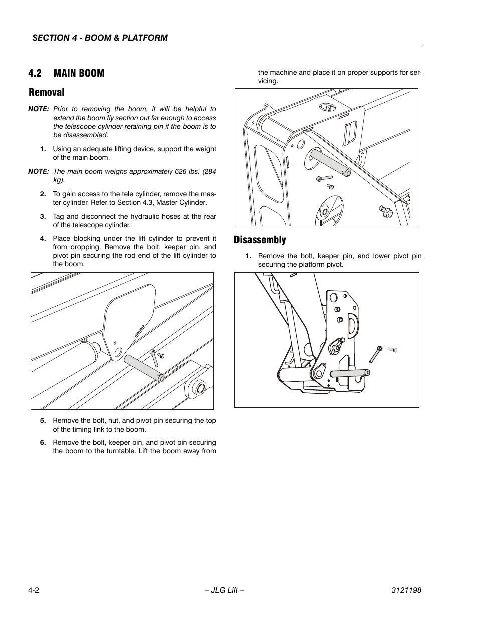 2 main boom, Removal, Disassembly | Main boom -2, Removal -2 disassembly -2, 2 main boom removal | JLG T350 Service Manual User Manual | Page 134 / 230