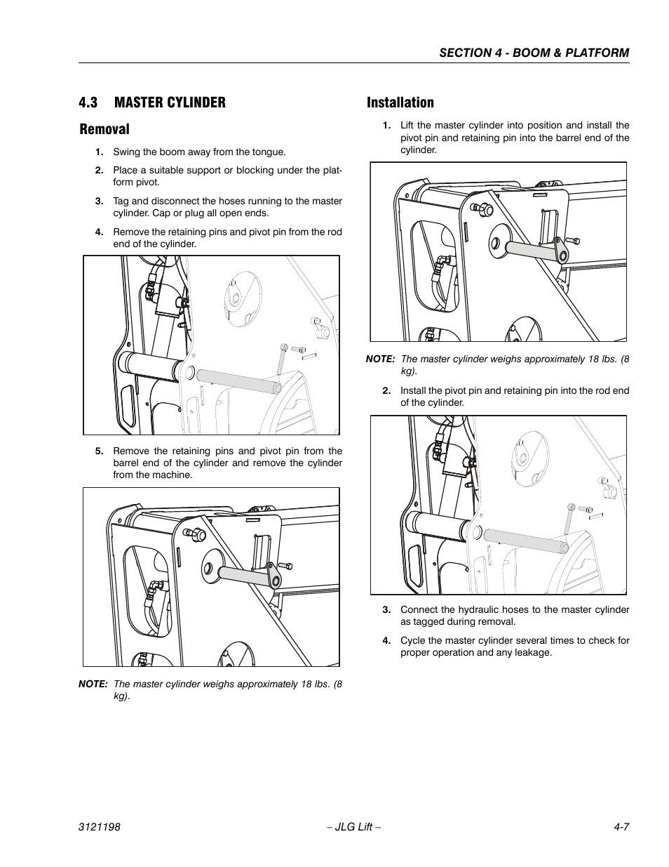 3 master cylinder, Removal, Installation | Master cylinder -7, Removal -7 installation -7, 3 master cylinder removal | JLG T350 Service Manual User Manual | Page 139 / 230