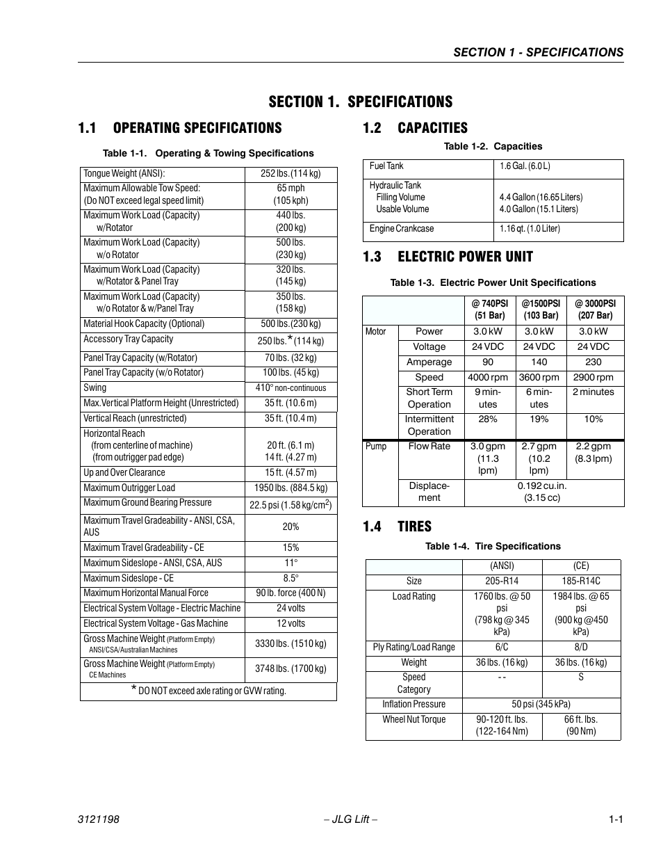 Section 1. specifications, 1 operating specifications, 2 capacities | 3 electric power unit, 4 tires, Section 1 - specifications, Operating specifications -1, Capacities -1, Electric power unit -1, Tires -1 | JLG T350 Service Manual User Manual | Page 15 / 230