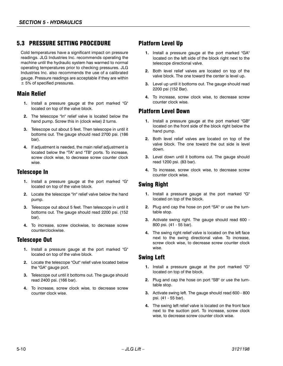 3 pressure setting procedure, Main relief, Telescope in | Telescope out, Platform level up, Platform level down, Swing right, Swing left, Pressure setting procedure -10 | JLG T350 Service Manual User Manual | Page 152 / 230