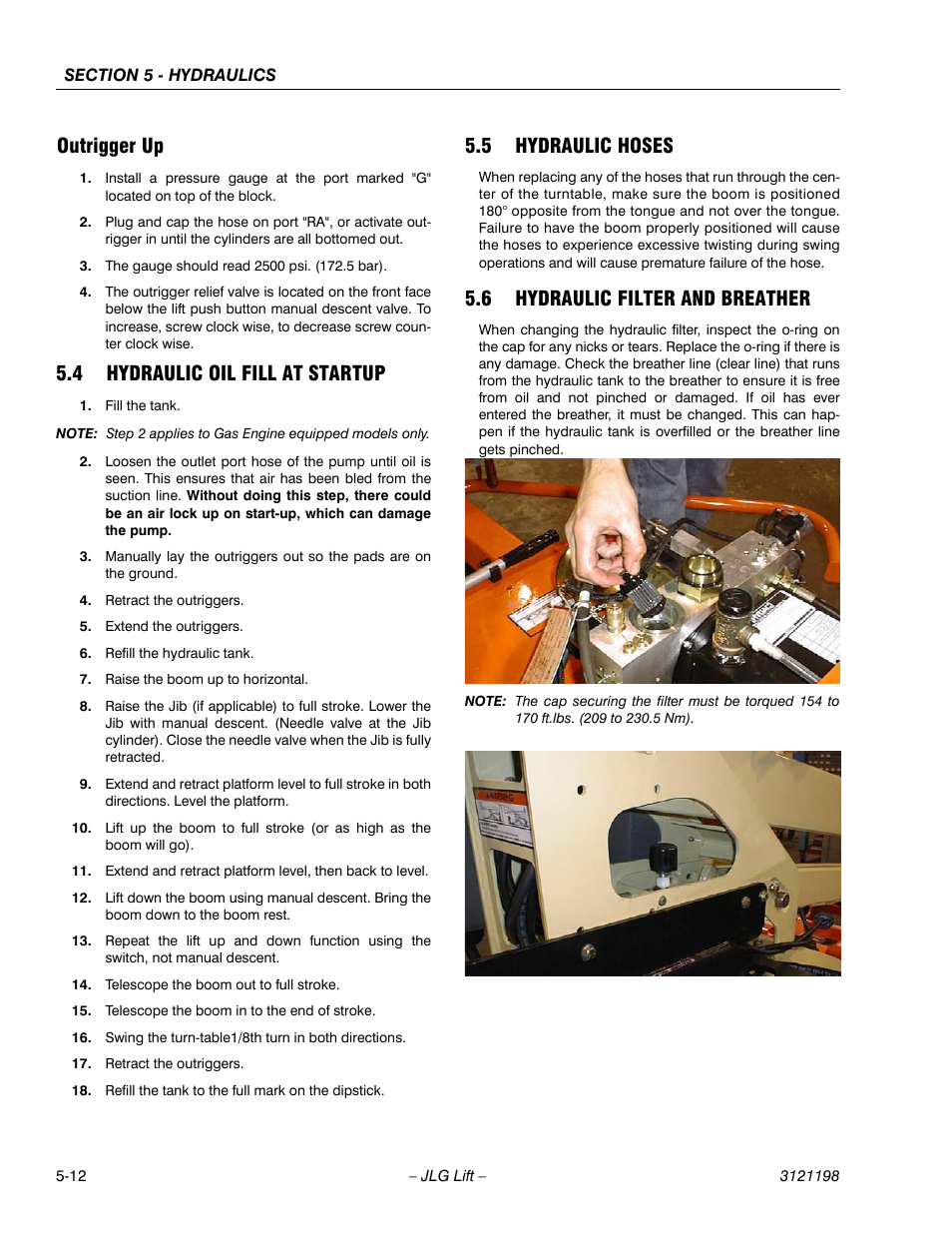Outrigger up, 4 hydraulic oil fill at startup, 5 hydraulic hoses | 6 hydraulic filter and breather, Outrigger up -12, Hydraulic oil fill at startup -12, Hydraulic hoses -12, Hydraulic filter and breather -12 | JLG T350 Service Manual User Manual | Page 154 / 230
