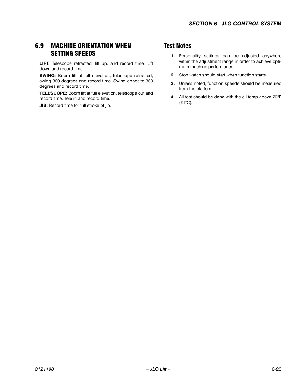 9 machine orientation when setting speeds, Test notes, Machine orientation when setting speeds -23 | Test notes -23 | JLG T350 Service Manual User Manual | Page 183 / 230