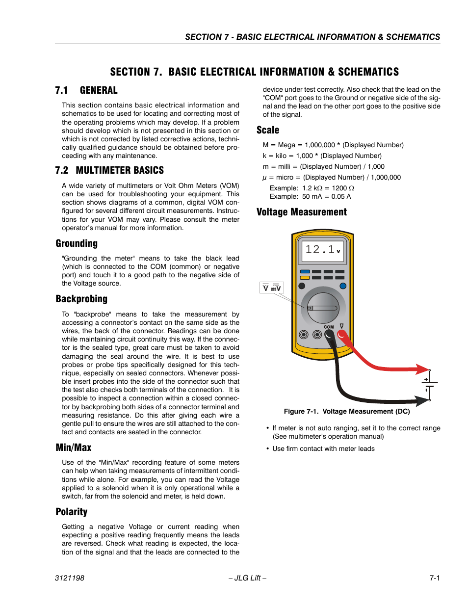 1 general, 2 multimeter basics, Grounding | Backprobing, Min/max, Polarity, Scale, Voltage measurement, General -1, Multimeter basics -1 | JLG T350 Service Manual User Manual | Page 197 / 230