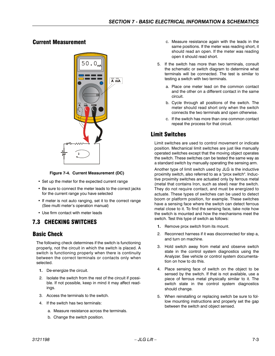 Current measurement, 3 checking switches, Basic check | Limit switches, Current measurement -3, Checking switches -3, Basic check -3 limit switches -3, Current measurement (dc) -3, 3 checking switches basic check | JLG T350 Service Manual User Manual | Page 199 / 230