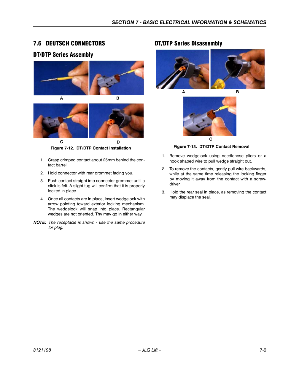 6 deutsch connectors, Dt/dtp series assembly, Dt/dtp series disassembly | Deutsch connectors -9, Dt/dtp contact installation -9, Dt/dtp contact removal -9, 6 deutsch connectors dt/dtp series assembly | JLG T350 Service Manual User Manual | Page 205 / 230