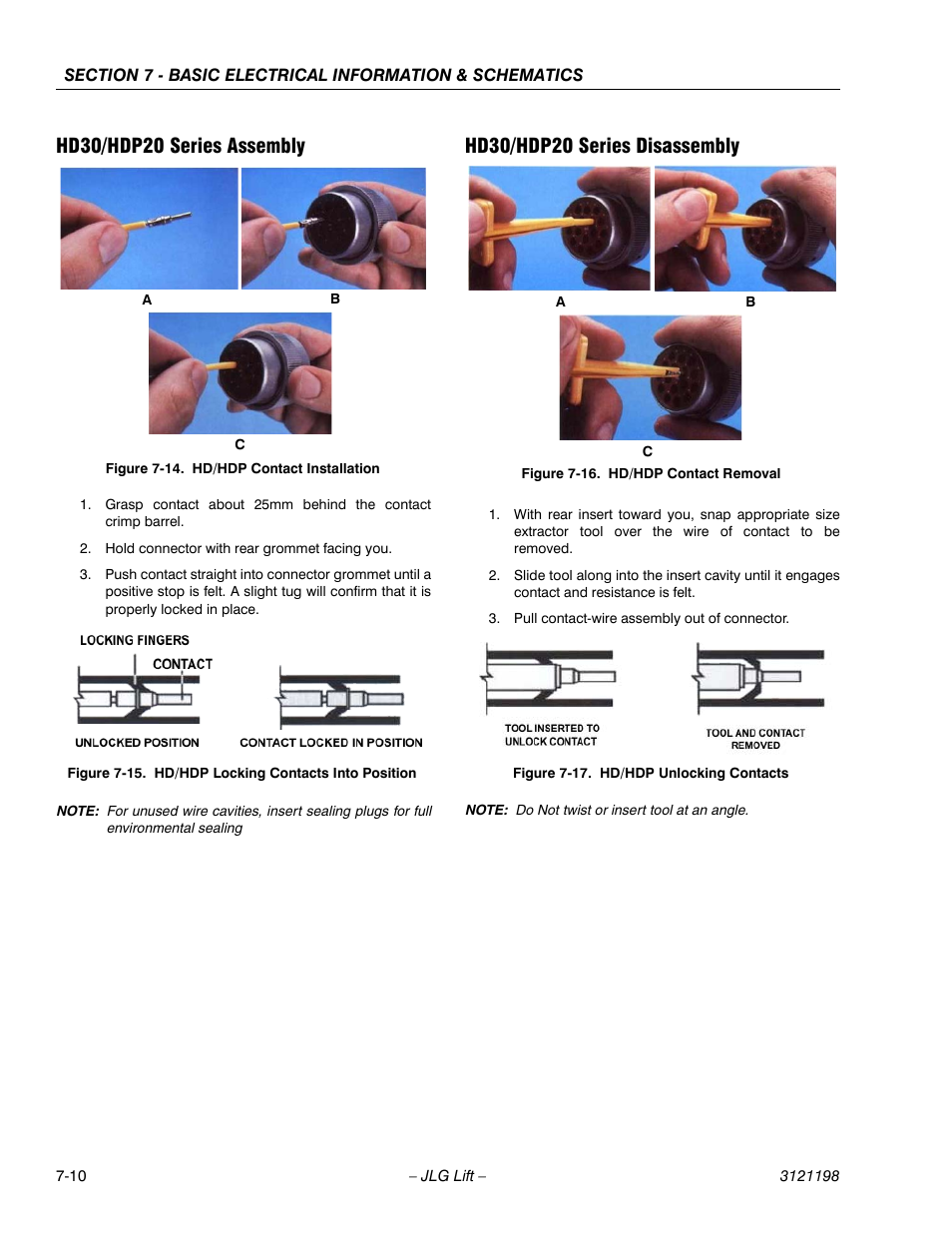 Hd30/hdp20 series assembly, Hd30/hdp20 series disassembly, Hd/hdp contact installation -10 | Hd/hdp locking contacts into position -10, Hd/hdp contact removal -10, Hd/hdp unlocking contacts -10 | JLG T350 Service Manual User Manual | Page 206 / 230