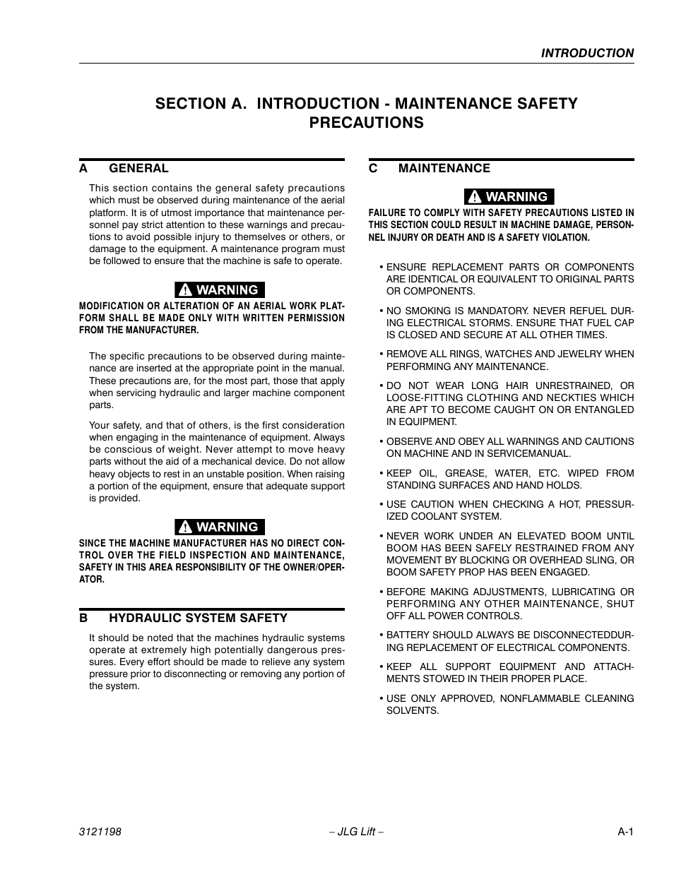 A general, B hydraulic system safety, C maintenance | JLG T350 Service Manual User Manual | Page 3 / 230