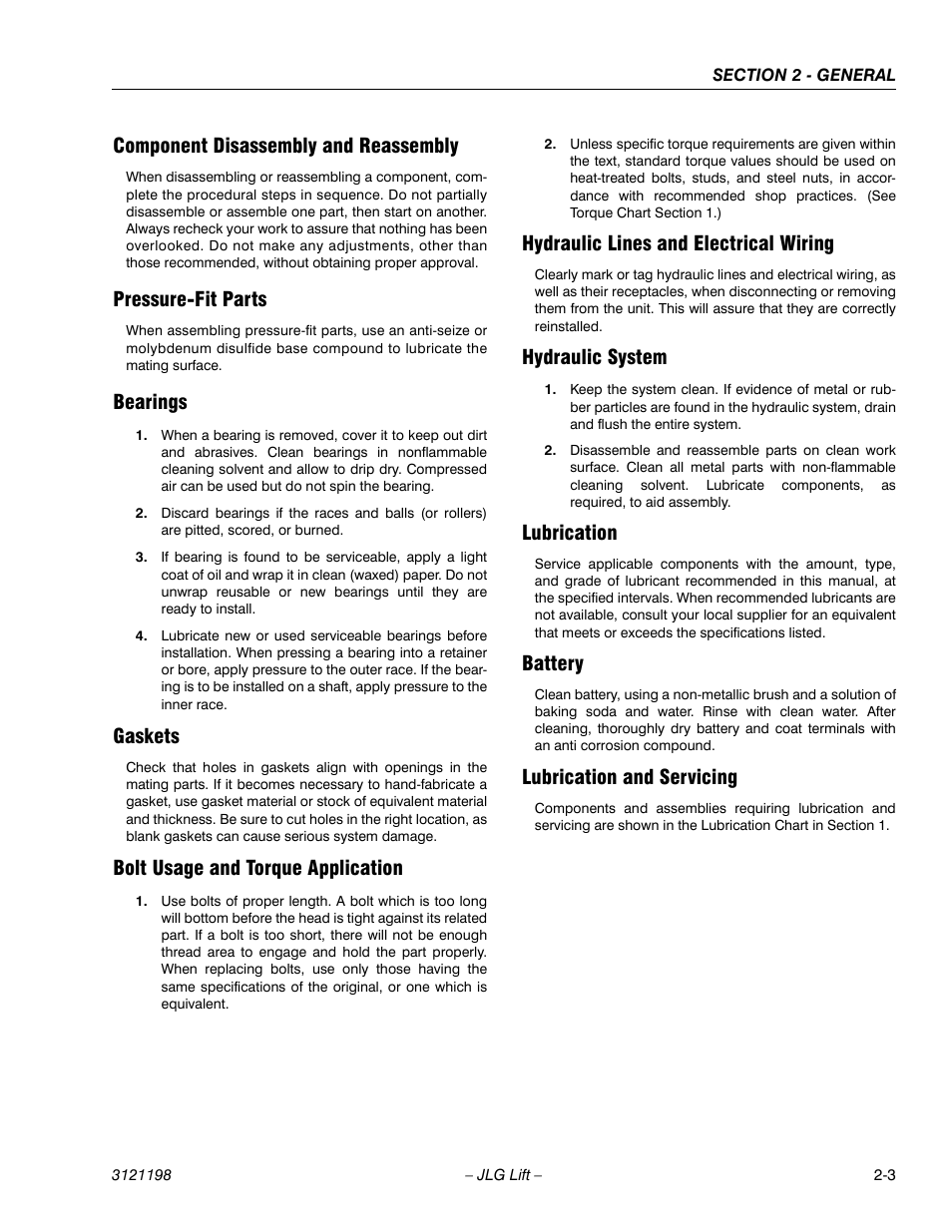 Component disassembly and reassembly, Pressure-fit parts, Bearings | Gaskets, Bolt usage and torque application, Hydraulic lines and electrical wiring, Hydraulic system, Lubrication, Battery, Lubrication and servicing | JLG T350 Service Manual User Manual | Page 31 / 230