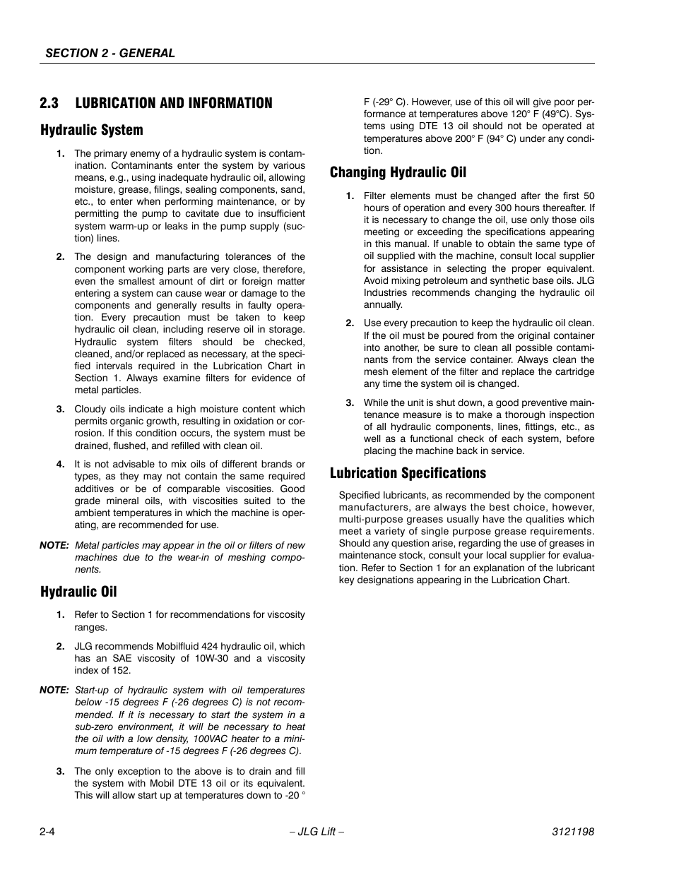 3 lubrication and information, Hydraulic system, Hydraulic oil | Changing hydraulic oil, Lubrication specifications, Lubrication and information -4, 3 lubrication and information hydraulic system | JLG T350 Service Manual User Manual | Page 32 / 230
