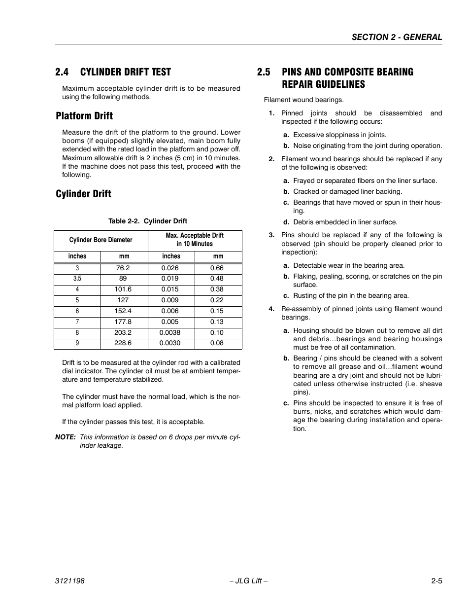 4 cylinder drift test, Platform drift, Cylinder drift | 5 pins and composite bearing repair guidelines, Cylinder drift test -5, Platform drift -5 cylinder drift -5, Pins and composite bearing repair guidelines -5, Cylinder drift -5 | JLG T350 Service Manual User Manual | Page 33 / 230