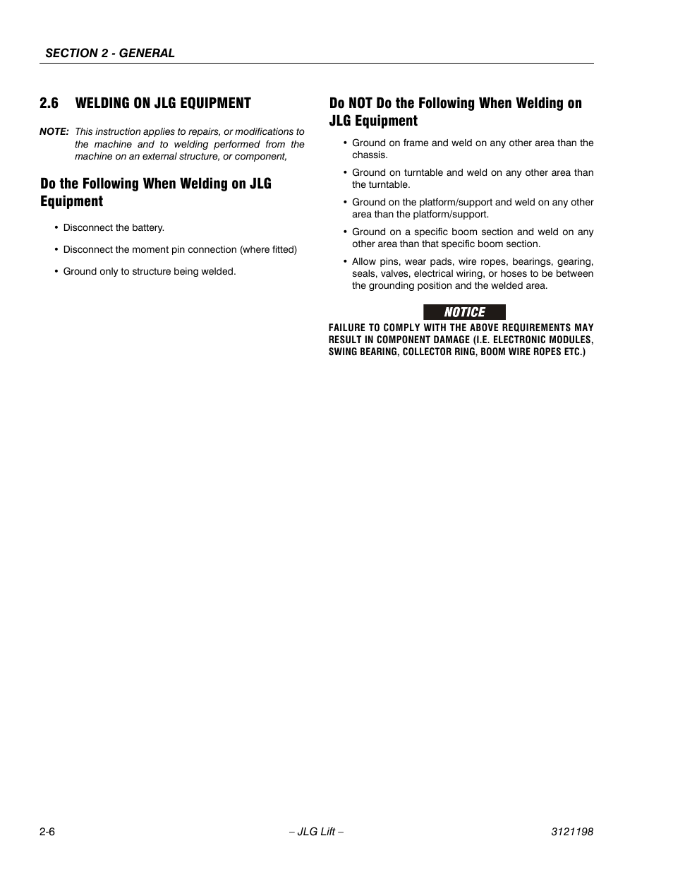 6 welding on jlg equipment, Do the following when welding on jlg equipment, Welding on jlg equipment -6 | JLG T350 Service Manual User Manual | Page 34 / 230