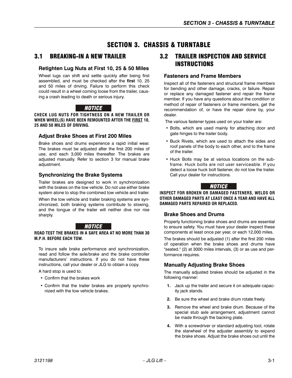 Section 3. chassis & turntable, 1 breaking-in a new trailer, Retighten lug nuts at first 10, 25 & 50 miles | Adjust brake shoes at first 200 miles, Synchronizing the brake systems, 2 trailer inspection and service instructions, Fasteners and frame members, Brake shoes and drums, Manually adjusting brake shoes, Section 3 - chassis & turntable | JLG T350 Service Manual User Manual | Page 37 / 230