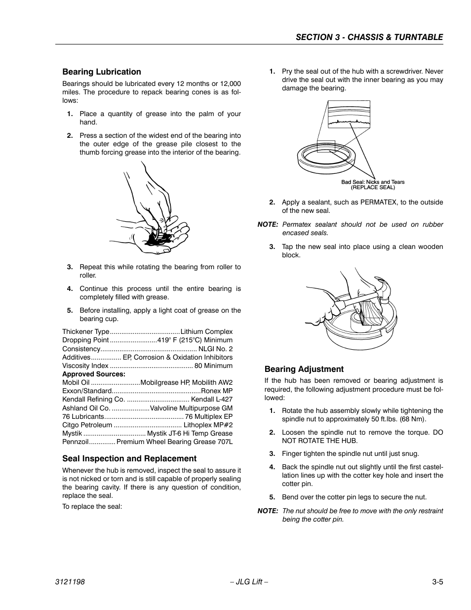 Bearing lubrication, Seal inspection and replacement, Bearing adjustment | JLG T350 Service Manual User Manual | Page 41 / 230