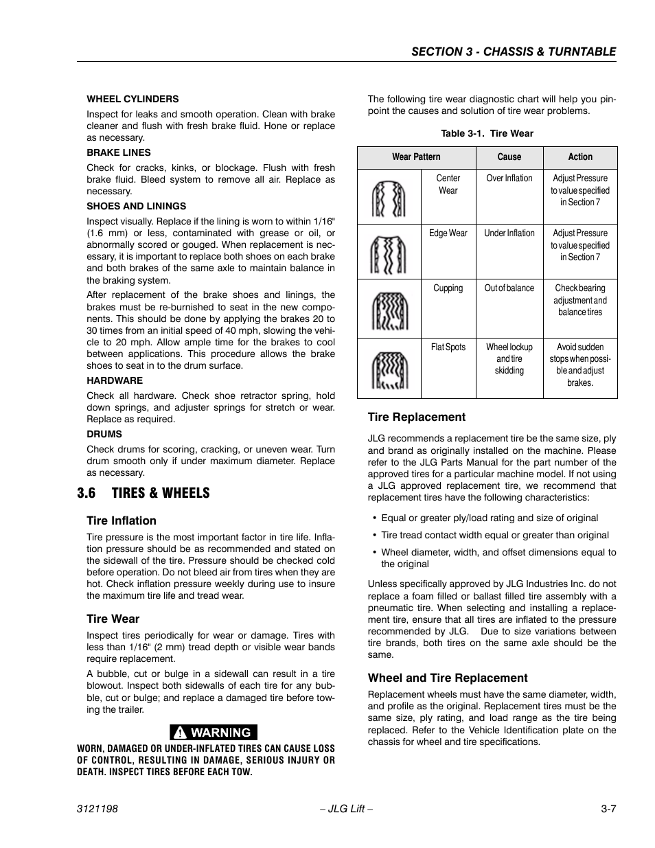 6 tires & wheels, Tire inflation, Tire wear | Tire replacement, Wheel and tire replacement, Tires & wheels -7, Tire wear -7 | JLG T350 Service Manual User Manual | Page 43 / 230