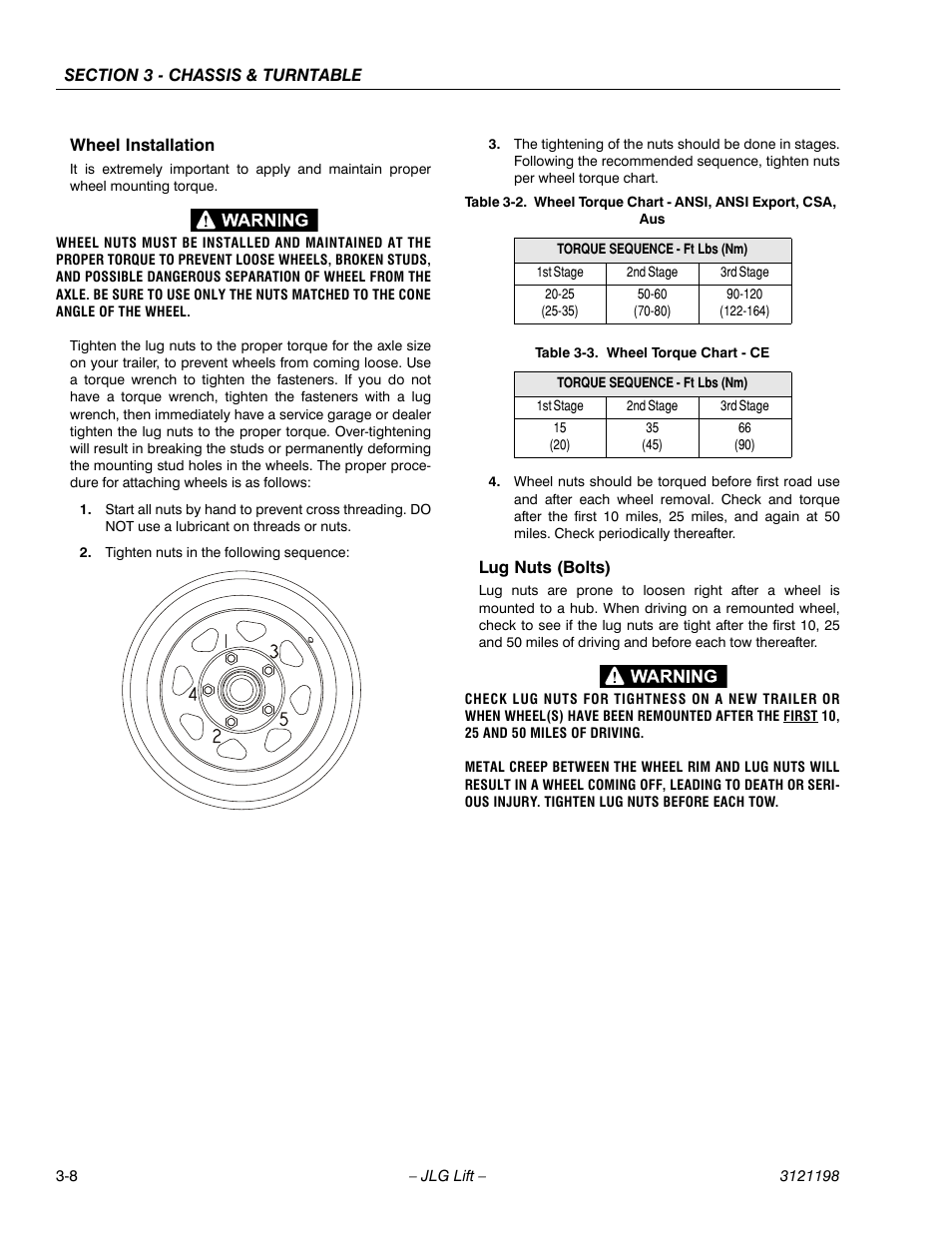 Wheel installation, Lug nuts (bolts), Wheel installation -8 lug nuts (bolts) -8 | Wheel torque chart - ce -8 | JLG T350 Service Manual User Manual | Page 44 / 230