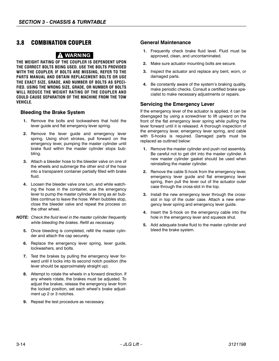 8 combination coupler, Bleeding the brake system, General maintenance | Servicing the emergency lever, Combination coupler -14 | JLG T350 Service Manual User Manual | Page 50 / 230