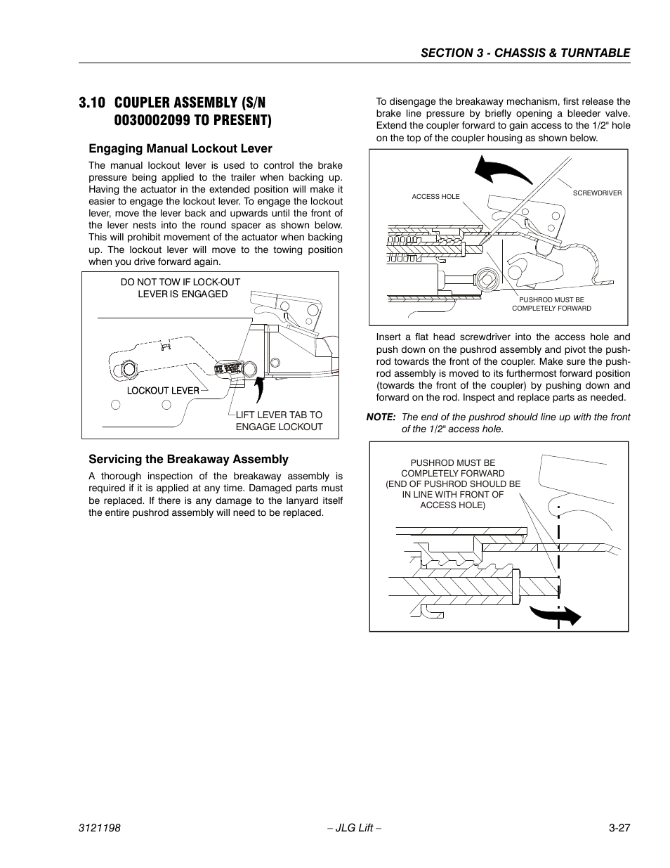 10 coupler assembly (s/n 0030002099 to present), Engaging manual lockout lever, Servicing the breakaway assembly | Coupler assembly (s/n 0030002099 to present) -27 | JLG T350 Service Manual User Manual | Page 63 / 230