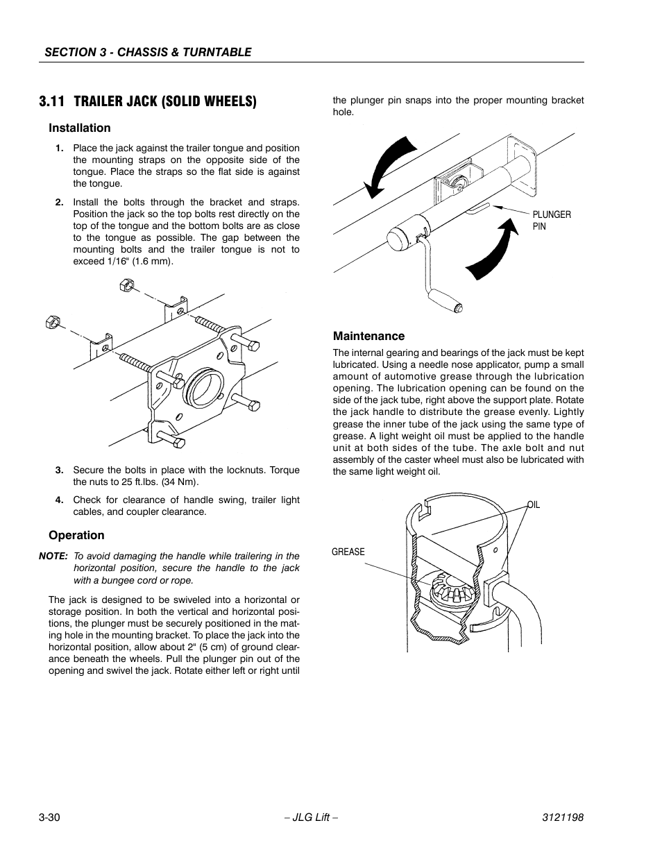 11 trailer jack (solid wheels), Installation, Operation | Maintenance, Trailer jack (solid wheels) -30, Installation -30 operation -30 maintenance -30 | JLG T350 Service Manual User Manual | Page 66 / 230