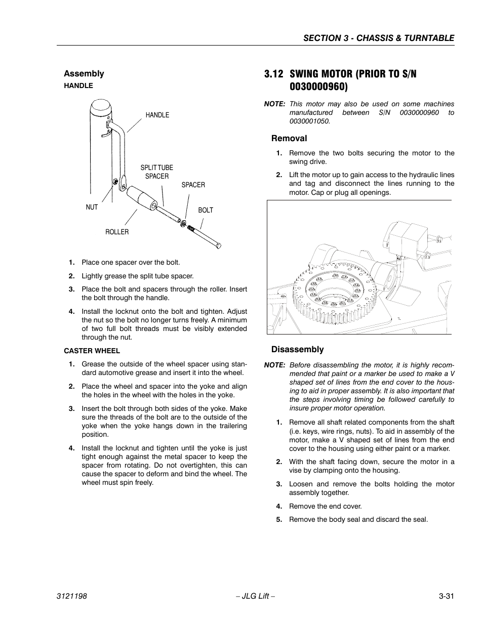 Assembly, 12 swing motor (prior to s/n 0030000960), Removal | Disassembly, Assembly -31, Swing motor (prior to s/n 0030000960) -31, Removal -31 disassembly -31 | JLG T350 Service Manual User Manual | Page 67 / 230