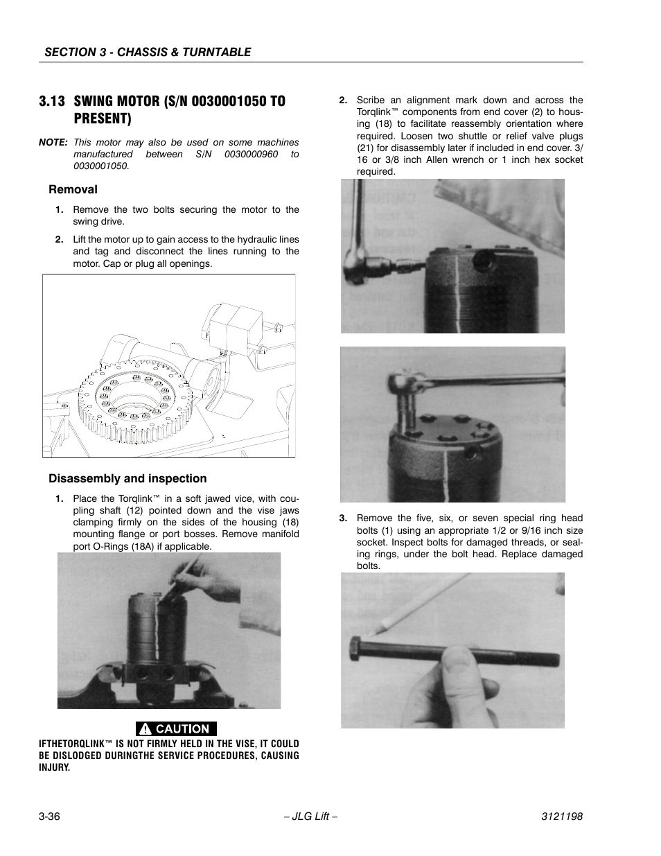 13 swing motor (s/n 0030001050 to present), Removal, Disassembly and inspection | Swing motor (s/n 0030001050 to present) -36, Removal -36 disassembly and inspection -36 | JLG T350 Service Manual User Manual | Page 72 / 230