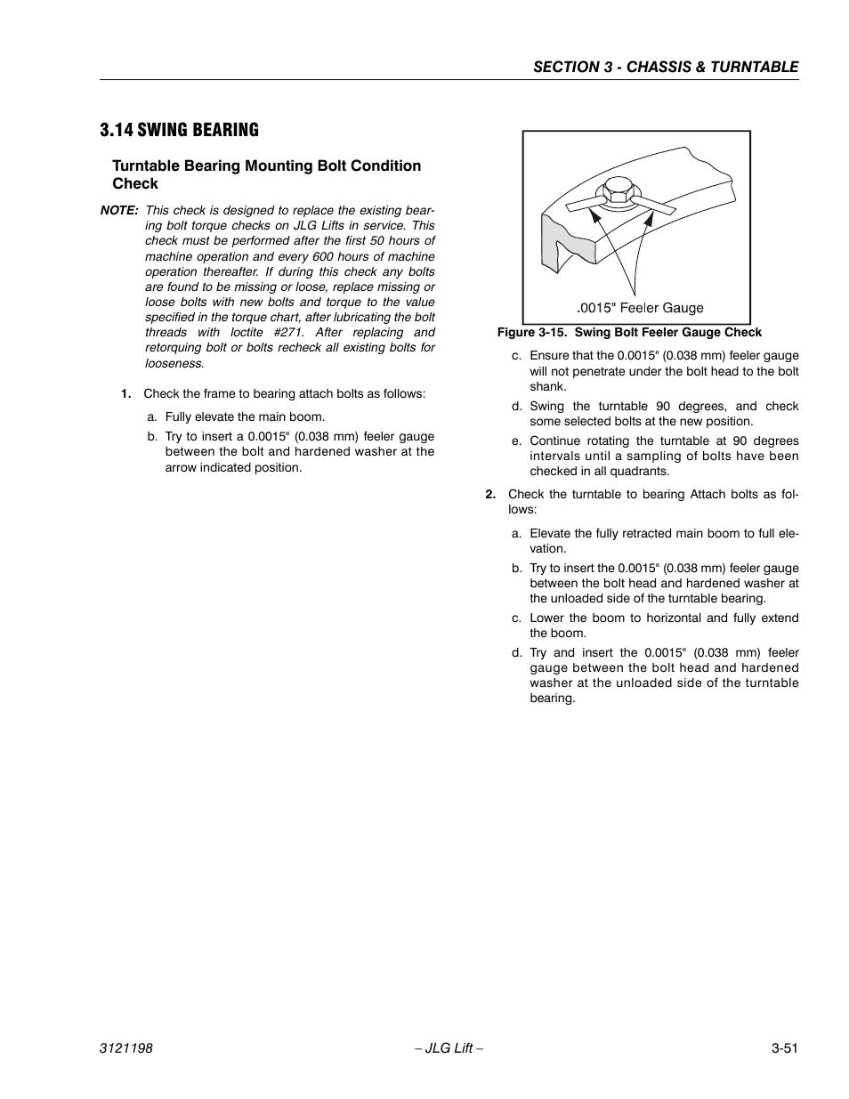 14 swing bearing, Turntable bearing mounting bolt condition check, Swing bearing -51 | Swing bolt feeler gauge check -51 | JLG T350 Service Manual User Manual | Page 87 / 230