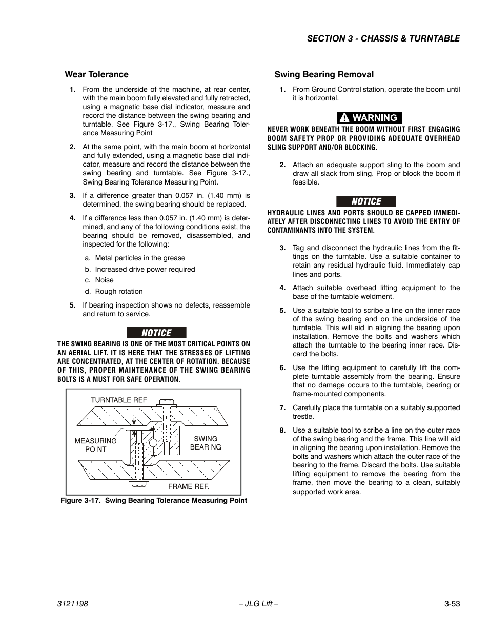 Wear tolerance, Swing bearing removal, Wear tolerance -53 swing bearing removal -53 | Swing bearing tolerance measuring point -53 | JLG T350 Service Manual User Manual | Page 89 / 230