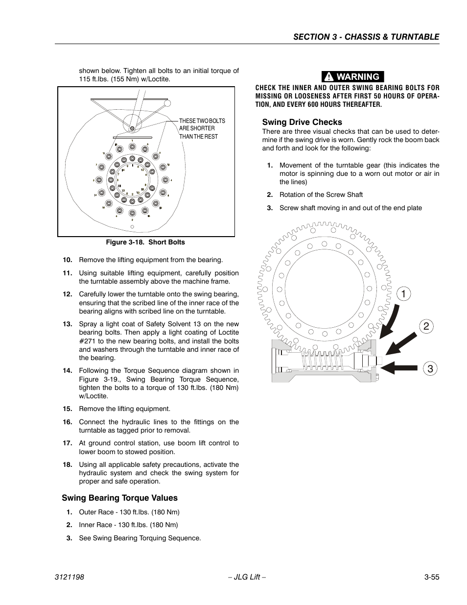 Swing bearing torque values, Swing drive checks, Short bolts -55 | JLG T350 Service Manual User Manual | Page 91 / 230